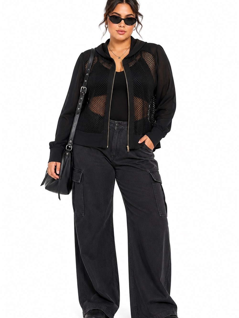 City Chic Black Mesh Bomber Jacket Hooded Gold Zip XS 14 14W